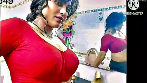 Desi curvy woman in sexy red saree blouse with deep cleavage in mirror