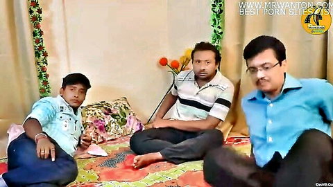 Three Indian men in casual clothes on bed for gangbang scene