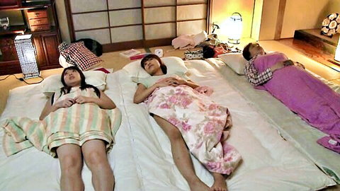Three slim Japanese women sleeping side-by-side in nightgowns, JAV incest tease