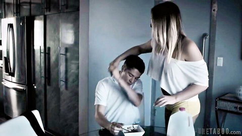 Blonde stepsister teases Asian stepbrother in kitchen, off-shoulder top and shorts