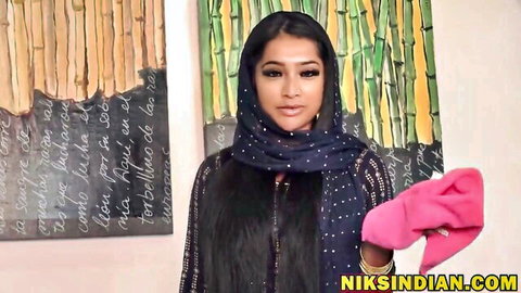 Yasmina Khan in sexy blue hijab, teasing with pink glove, Indian beauty