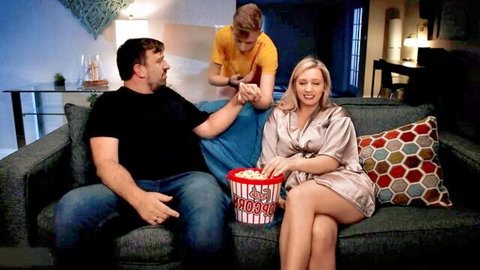 Charlotte Rayn in silk robe cheats during movie night with two men