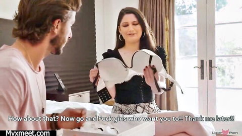 Alyx Star teasing with white lace bra in seductive couple scene