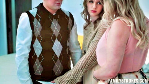 Blonde woman in pink top confronts argyle vest man in taboo FamilyStrokes preview