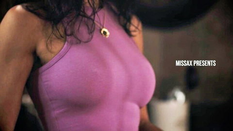 Busty brunette in sheer pink tank top revealing huge tits and hard nipples