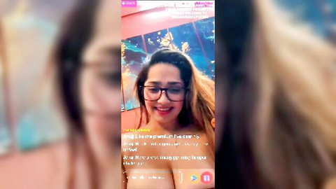Aditi Mistry, Indian beauty with glasses and long hair, smiling on live cam