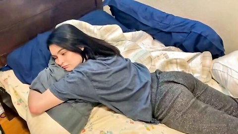 Asian stepsister sleeping on bed in tight shirt and pants, teasing virgin pussy