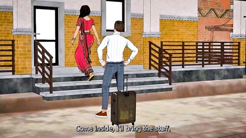 Savita Bhabhi in red sari invites hot Desi neighbor inside for naughty fun