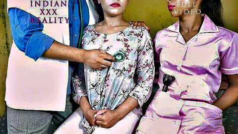 Indian doctor examines curvy patient in floral dress with nurse in uniform