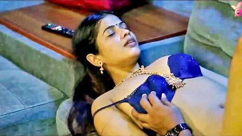 Sexy Indian babe in sparkly blue lingerie bra has tits groped by man's hand on couch