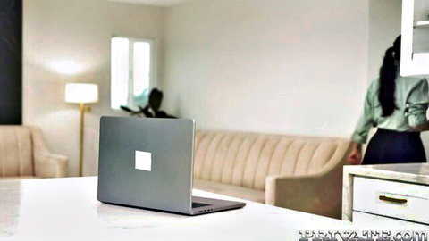 Dana Vespoli in elegant office setting, teasing before anal DP threesome