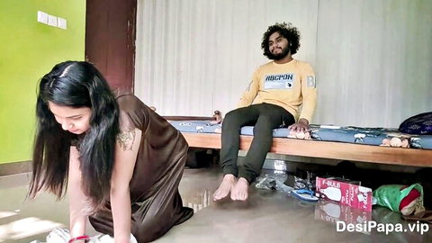 Hot Indian wife in nightie kneeling submissively before husband on bed for blowjob tease