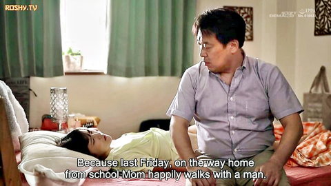 Asian stepfather sits beside sleeping stepdaughter on bed in JAV scene