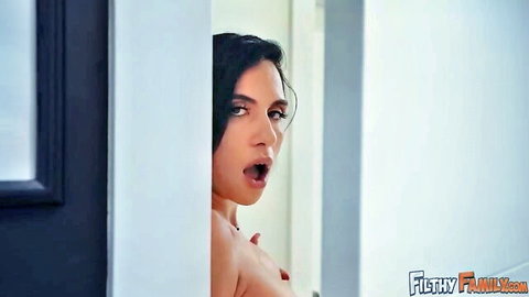 Brunette with big tits topless peeking from door with wide open mouth gasping