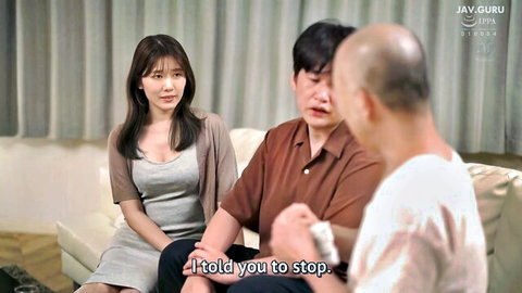 Japanese woman in tense talk with husband and bald father-in-law on couch JAV