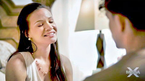 Alison Rey smiling intimately in white top, bedroom couple scene from MissaX MILF