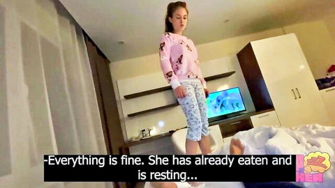 Brunette stepsister in pink sweats relaxing in bedroom before stepdad fantasy