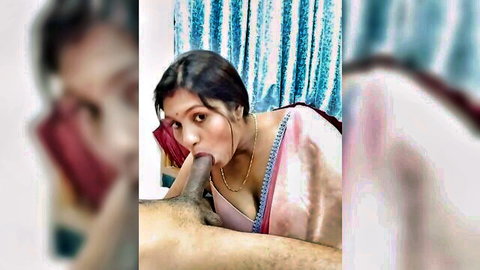 Indian housewife in pink saree puckers lips to suck big cock closeup