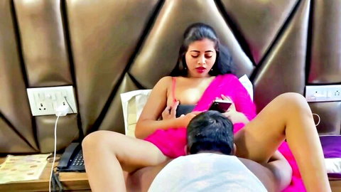 Desi bhabhi topless in pink saree rides cock while on phone with husband