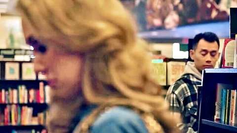 Blonde MILF eyes Asian guy seductively in bookstore teasing public hookup