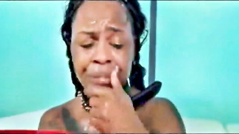 Sweaty ebony babe with huge tits teases deep throat on massive black dildo