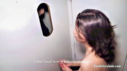 Audrey nude at glory hole, brunette kneeling for oral in First Glory Hole Part 2