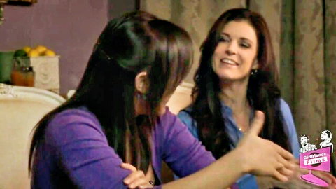 India Summer and Sinn Sage in flirty lesbian chat, brunettes smiling