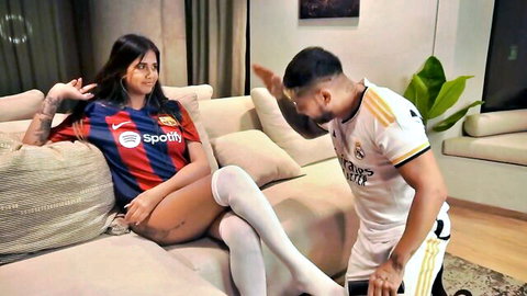 Yorgelis Carrillo loses bet, stepbro cunnilingus in Barcelona jersey & stockings