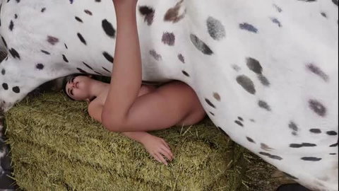 Nude Asian woman lying under horse's belly on hay in Her new life part 9